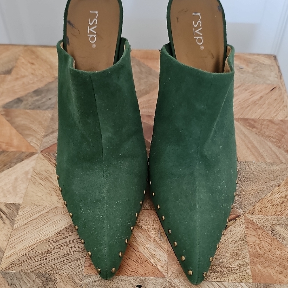 RSVP Forest Green Suede Mules 4 In Heel
